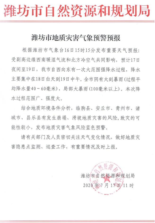 山东潍坊暴雨预警及最新通知